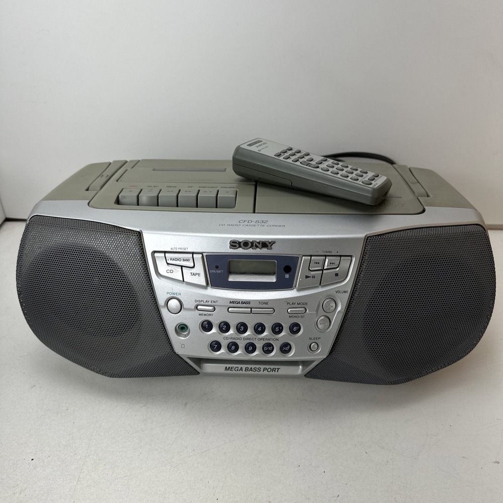 Vintage Sony CFD-S32 CD Radio Cassette AM/FM Boombox Mega Bass Gray Y2K + Remote